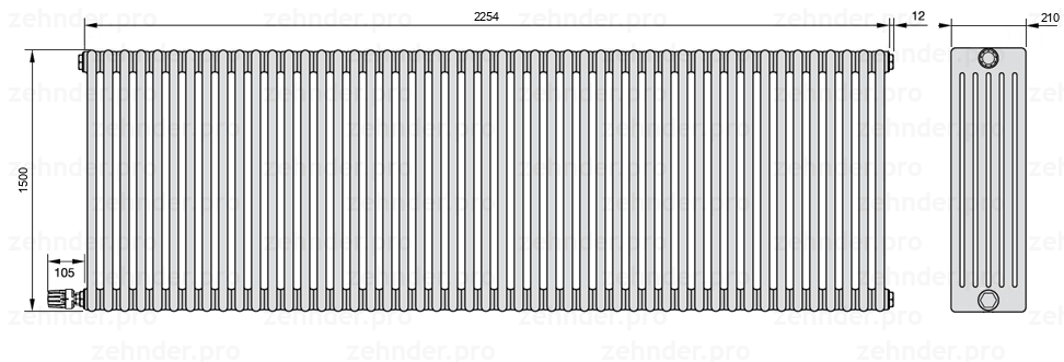 Схема (чертеж) Радиатор Zehnder Charleston 6150/49 №V004 Белый глянцевый RAL 9016
